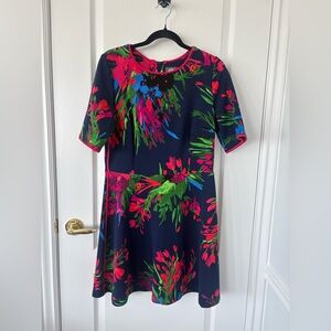Vince Camuto Navy and Neon Pink Floral A-Line Cocktail Mini Dress size 12